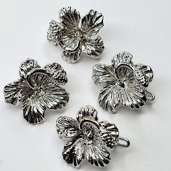 Four Mini Flower Brooch Pins Rhodium Plated Hibiscus Flower Pins - Set of 4 Pins - Picture 2 of 8